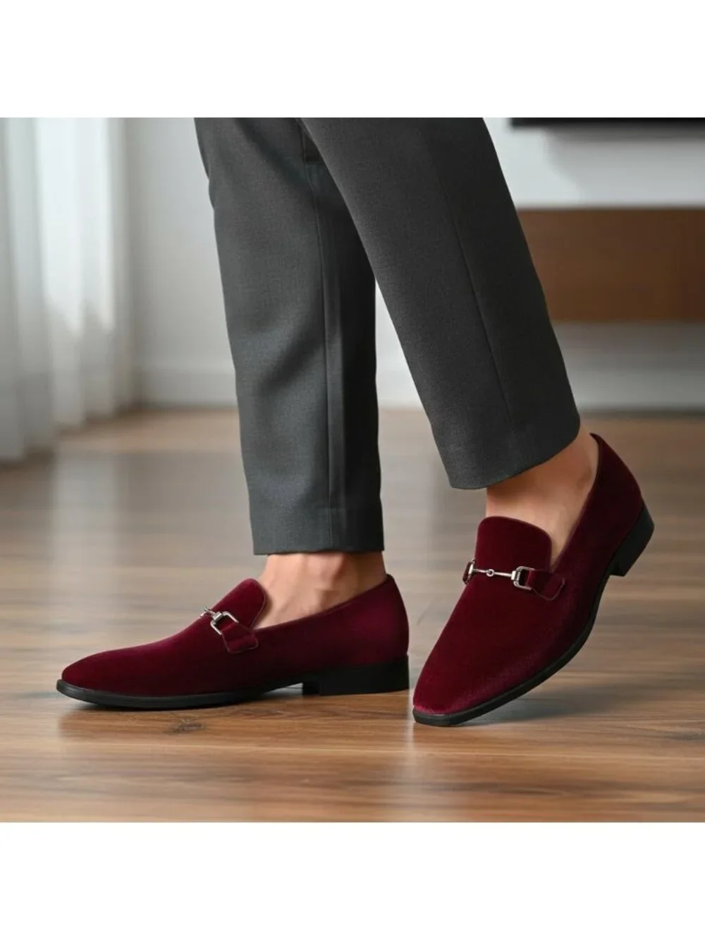 Men's Burgundy Red Velvet Business Party Prom Formal Dress Shoes Loafers